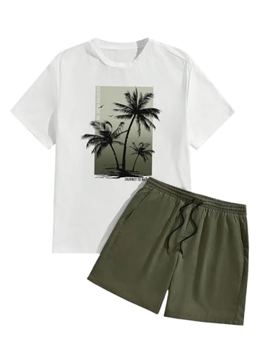 Men's 2 Piece Big and Tall Vacation Set Plus Size Tropical Graphic Short Sleeve T-Shirt and Drawstring Waist Shorts