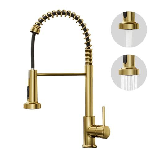 BESy Brushed Gold Kitchen Sink Tap 2 Function Kitchen Sink Mixer Taps with Pull Out Spray Stainless Steel High-Arc 360 Swivel Single Handle Spring Rv Taps