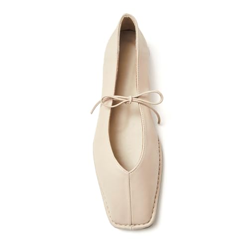 VorisVina Lace Up Square Toe Ballet Flats for Women Cute Bow Slip On Mary Jane Flats Casual Ballerina Shoes Cream
