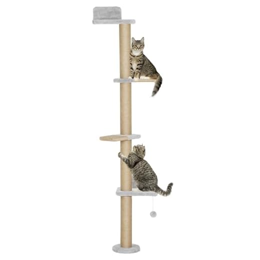 PawHut Kratzbaum 5 Etagen 180 cm Katzenturm wandmontierter Katzenbaum mit Kratzsäulen Spielball Sprungplatte für Katzen zum Klettern, Kratzen Hellgrau