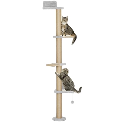 PawHut tiragraffi 5 livelli 180 cm torre per gatti albero per gatti da parete con tiragraffi palla gioco piatto per per arrampicarsi, graffiare Grigio chiaro