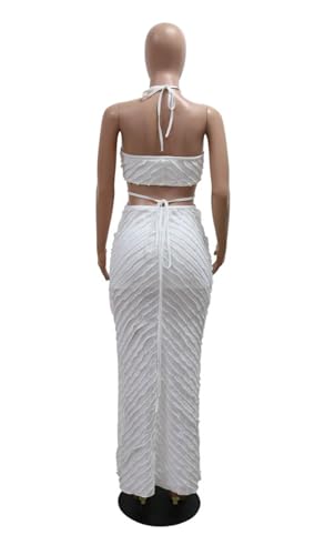 Image of Aro Lora Womens Sexy Halter Neck Criss Cross Pleated Hollow Out Side Slit Bodycon Maxi Dress Medium White