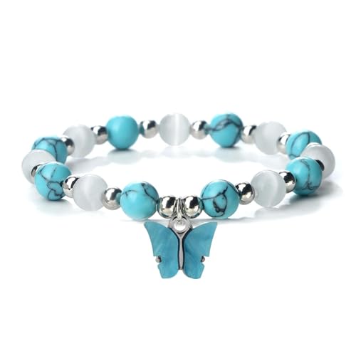 Bracelet calcédoine 8mm en agate naturelle avec pendentif papillon