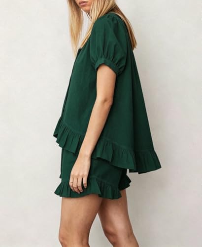 Image of Womens Fashion Summer Short Sets Short Sleeve Button Down Ruffle Trim Top and Shorts Cotton Pajama Sets