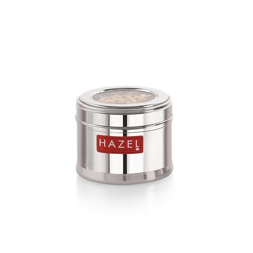 Image of HAZEL Masala Box for Kitchen with Airtight Lid | Stainless Steel Top See Through Storage Containers for Kitchen Air tight, 300 ML