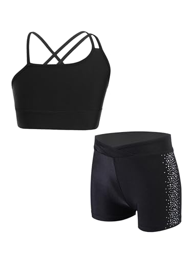 Kids Girls 2 Pieces Activewear Asymmetrical Spaghetti Straps Crop Top and Booty Shorts Set Gym Workout Tracksuit4