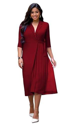 Image of Hostoyo Women's Plus Size Pleated Midi Dress Comfortable Suit Collar 3 /4 Sleeve Belted Casual Formal Work Church