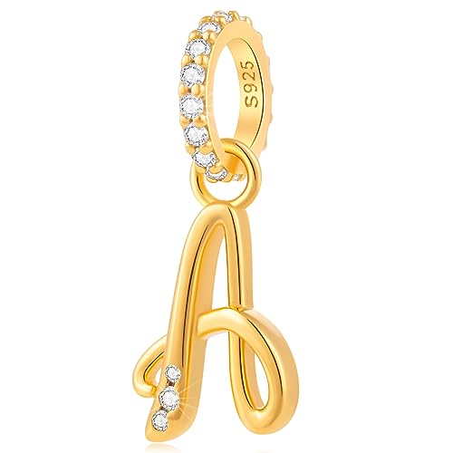 GEMDAZZ 18k Yellow Gold Plated 26 Letter Dangle CZ Charms, 925 Sterling Silver Complete Initial A-Z Alphabet Beads, fits European Name Bracelet, Gift for Mother/Birthday/Daughter/Son/Sister/BFF