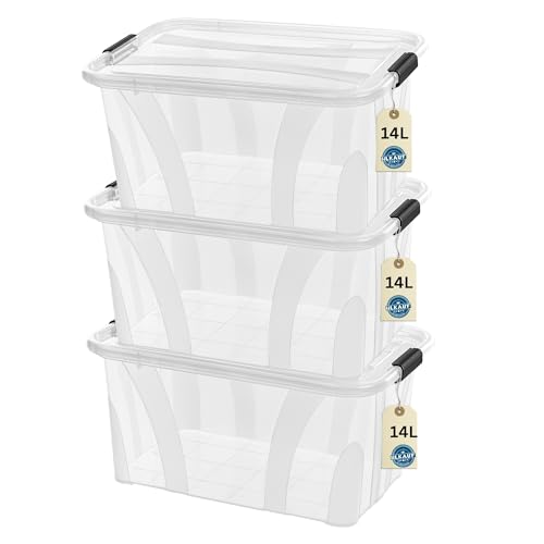 Aufbewahrungsboxen mit Deckel, 7L 14L 21L 32L 55L 80L Plastik Boxen Klickverschluss Stapelboxen 1er/3er Sets Lebensmittelecht Transparent Haushalt & HLKauf-Block (3er-Set 14-Liter & 1x HLKauf-Block)