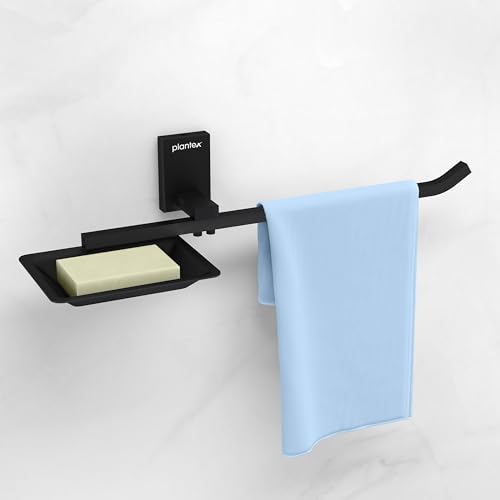 Image of Plantex 304 Grade Stainless Steel Soap Dish with Napkin Ring /Soap Stand /Soap Holder /Napkin Holder /Towel Hanger for Bathroom /Bathroom Accessories - Pack of 1 (Crystal, Black)