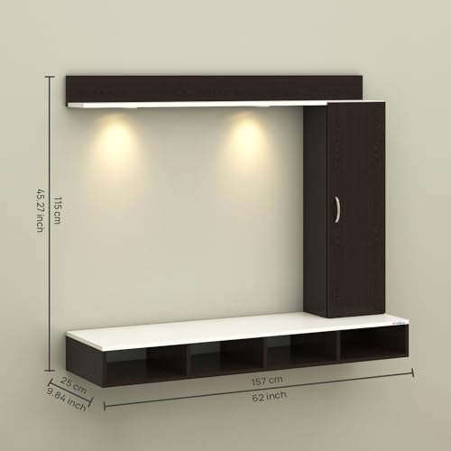 Image of Anikaa Dorex Engineered Wood Wall Mounted TV Unit with LED Lights, Storage Cabinet & Display Shelf for Living Room | Ideal for Upto 55 Inch TV- Wenge /White(DIY Installation)