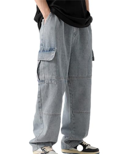 Men's Casual Loose Hip Hop Denim Work Pants Jeans Drawstring with Cargo Pockets Pants