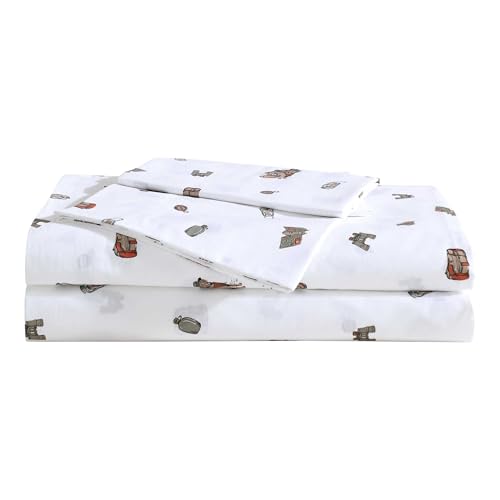 Image of Eddie Bauer - Sheet Set, Luxurious Cotton Percale Bedding with Matching Pillowcase, Crisp & Cool, Fully Elasticized (Buddy Camping Allover White, King)