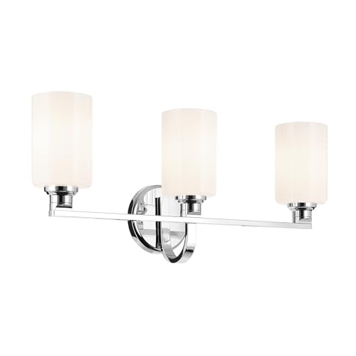 Image of Kichler Gioe 24.25 inch 3-Light Bathroom Vanity Light Fixture with Opal Glass in Chrome, Damp Rated Modern Wall Mount for Mirror, Powder Room (24.25 inch W x 10.5 inch H), 55226CH