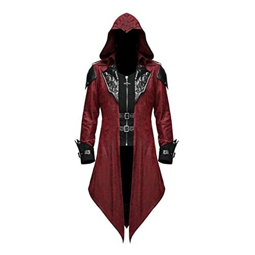 Chaqueta gótica steampunk para hombre, abrigo de cuero con capucha para Halloween rojo 4XL