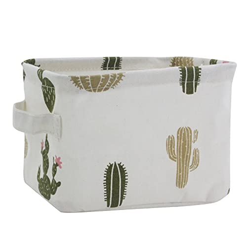 Mziart Cute Small Storage Basket with Handle, Foldable Cotton Fabric Storage Organizer Box for Nursery Kids Babies Room Shelves & Desks (Multi-colored Cactus)