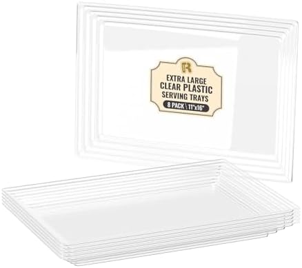 8 Pack Extra Large Plastic Serving Trays for Party - 16 x 11 Clear Plastic Tray - Heavy Duty Trays for Food - Rectangular Party Serving Trays and Platters (Clear)