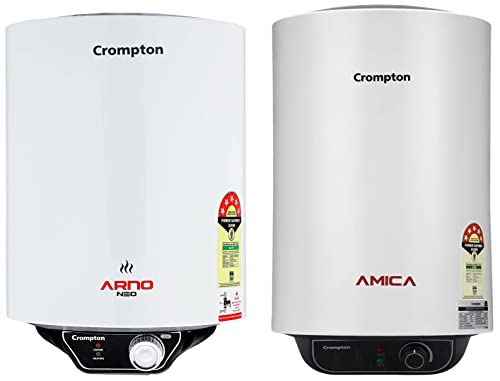 Image of Crompton Arno Neo 15-L 5 Star Rated Storage Water Heater with Advanced 3 Level Safety (White) & Amica 25-L 5 Star Rated Storage Water Heater (Geyser) with Free Installation and Connection Pipes(White)