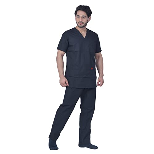 Image of UNISEX V-NECK POLYESTER COTTON MEDICAL SCRUB SUIT FOR DOCTORS (TOP AND BOTTOM) TRIPLE NEEDLE STITCH TOP WITH CHEST POCKET, BLACK, 46-3XL.