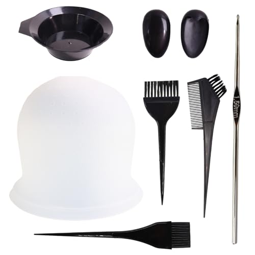 6 PCS Gorro de Tinte Highlight, Gorro para Mechas, Incluye Gancho, Peines y Cepillos, Gorro para Mechas Profesional Reutilizable para Mechas Rubias en Casa o Salón