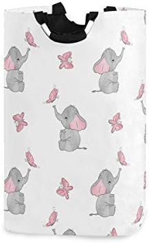 AGONA Cute Elephants Pink Butterflies Laundry Basket with Handles Large Storage Bin Collapsible Fabric Laundry Hamper Foldable Laundry Bag for Kids Room Toy Bins Gift Baskets Bedroom Baby Nursery