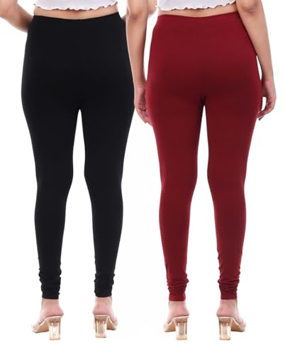 Image of TPF Women Solid Cotton Lycra 4 Way Stretchable Leggings | Combo Pack of 2 Comfortable Churidar-Length Slim Fit Leggings for Women & Girls