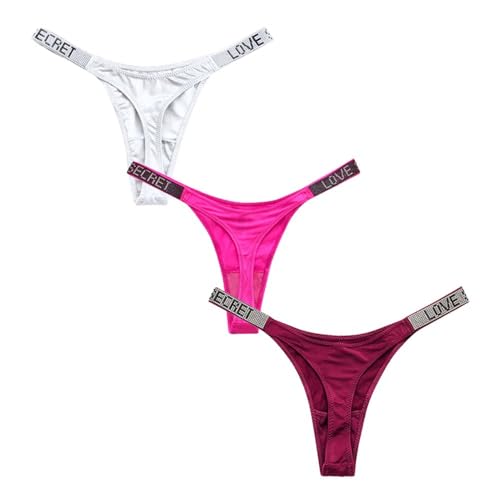 4UFIT Womens Ice Silk Thong 3-Pack Stretch Breathable Sport Panties Sexy Rhinestone Bikini Underwear