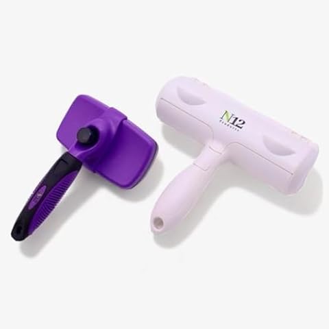 N12 Cat, Dog Hair Remover/Lint Roller and Grooming Hair Bush Combo – Pet Fur Remover for Couch, Furniture, Carpet, Car Seat & Self-Cleaning Slicker Grooming Brush with Long Pins for Shedding Cover