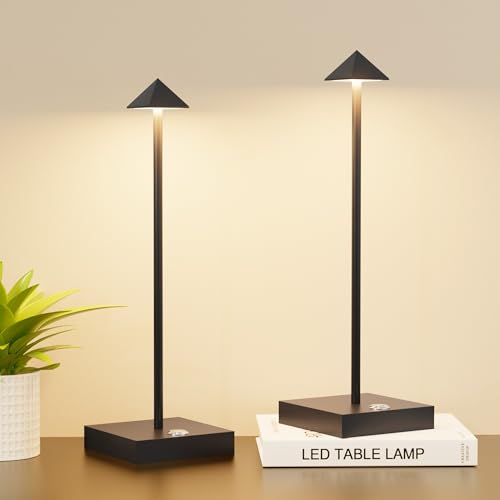 Aipsun 2 PCS Lampada da Tavolo Senza Fili Ricaricabile da Comodino o Scrivania con Presa USB, Lampada da Tavolo in Metallo, Dimmer Touch Cordless Lampada per Camera, Ristoranti, Ufficio, Bar(Nero)
