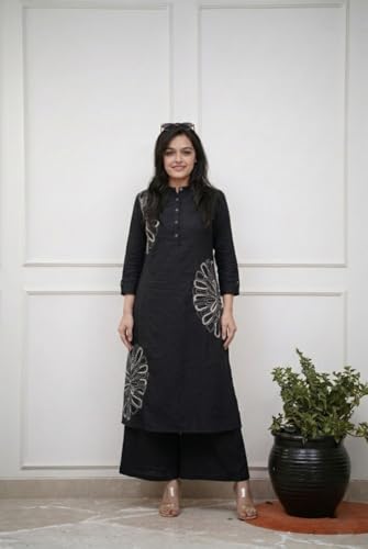 Image of GoSriKi Cotton Blend Embroidered A-Line Kurta with Palazzo for Women | Cotton Blend Orange | 3 /4 Sleeve | Mandarin Collar | Ethnic Wear Casual Wear