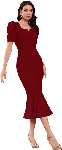 Image of ELLITI Women's Lycra Blend Sweetheart Neckline /V-Neck, Bodycon Dress with Mor Pich Color Short Puff Sleeve and Mermaid Hem, Calf Length /Midi Length /Knee Length Dress