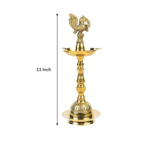 Image of Klassic 11 Inch Brass Kerala Diya Samai (Set of 2) | Traditional Peacock Kutthu Vilakku Oil Lamp | Panchmahal Deepam for Home Temple & Pooja Room | Ideal for Diwali, Festive Decor & Gifting