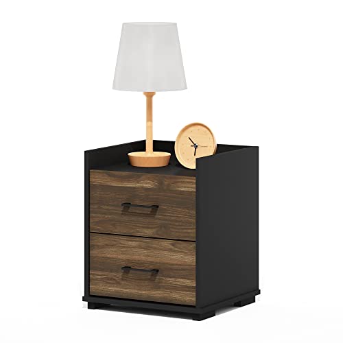 Image of Furinno Tidur Night Stand with Drawers, 2 Drawers, Brown Walnut /Black | Compact, Open Shelf Nightstand, Bedside Table, End Table, Side Table for Small Spaces, Living Room, Bedroom