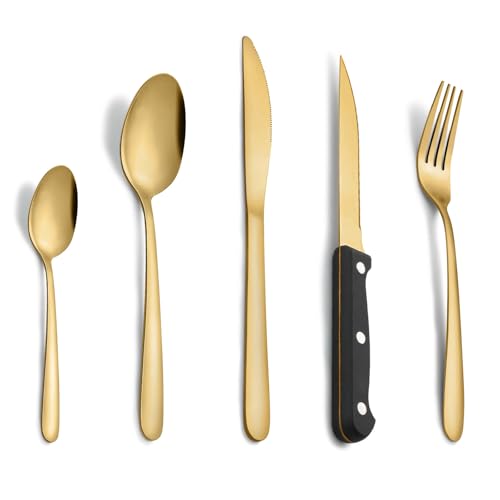 Pleafind Cubiertos, 30 piezas juego de cubiertos para 6 personas, cuberteria acero inoxidable, cuberteria dorado que incluyen cuchara, cuchillo, tenedor,cuchillo de carne, apto para lavavajillas