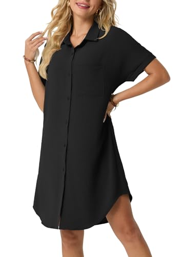 HiMONE Womens Button Down Shirt Dress Casual Loose Short Sleeve Cover Up with Pocket Lightweight Beach Tunic Dress