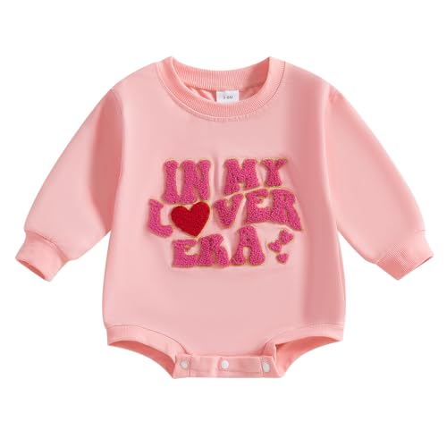 Eadrioss Infant Baby Girl Valentines Outfit Bubble Romper Letter Embroidery/Print Sweatshirt Shirt Newborn Valentines Clothes (Deep Pink, 0-3 Months)