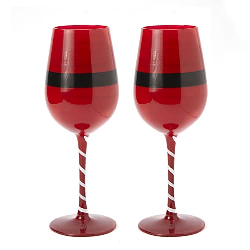 Ho Ho Ho Santa's Holiday Stemmed Wine & Water Glasses - Set Of 2 - Hohoho, Red & Black, 9" H - New Years Eve Parties Glassware - Xmas Tree - Set Of 2, 17.5Oz - Merry Christmas Santa Festive Glass #TOP5