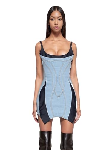 Generic Women's Patchwork Elastic Denim Spaghetti Straps Dress Sleeveless Wrap Hip Dresses