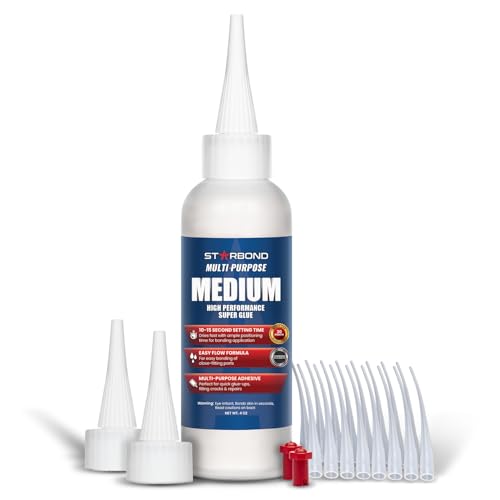 Starbond 4 oz. Medium CA Glue (Premium Cyanoacrylate Super Glue) with Extra Cap and Microtips for Quick Fixes, Woodworking, Woodturning, Hobby Models