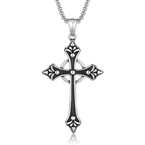 HEXALOVA Gothic Celtic Ring Cross Necklace for Men Women Oxidized Stainless Steel Fleur De Lis Pendant with 22 Box Chain Medieval Biker Goth Jewelry Gift for Him Her