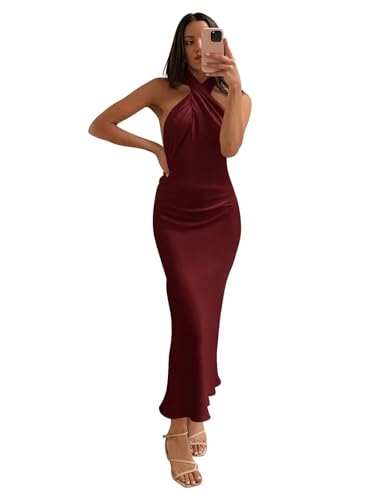 Satin Bridesmaid Dresses Halter Wedding Guest Dress Tea Length Formal Evening Cocktail Gown