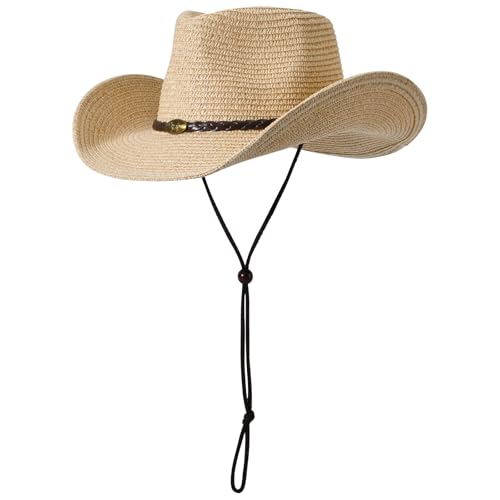 Western Straw Cowboy Hat for Women Beach Sun Hat for Men Wide Brim Fedora Hat Cowgirl Hats Summer Panama Hat (Beige 02)
