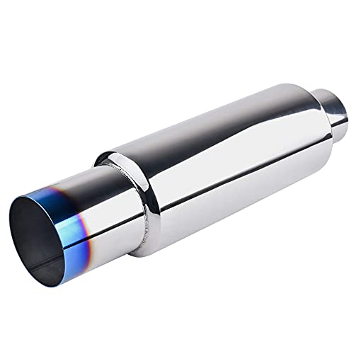 Evil Energy 3'' Inlet 4'' Outlet Burnt Exhaust Tip Muffler 18.5'' Length Universal Stainless Steel Bundle With Car Exhaust Rubber Hanger Insulator Bracket Bushing Mount 4 Holes #TOP1