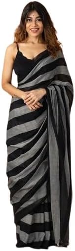 GenericWomen's Designer Striped Indian Handloom Ethnic Cotton Saree With Tassels Unstitched Blouse Piece