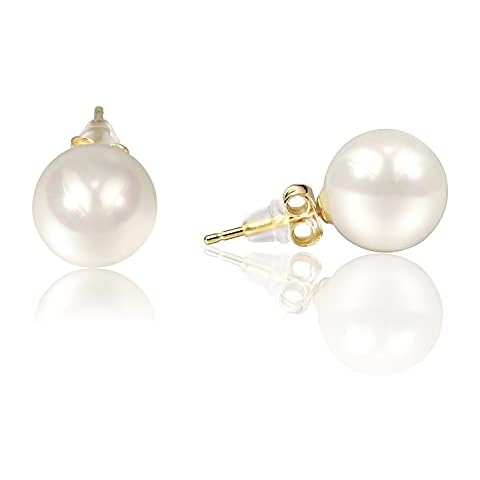 Cowlyn Shell Pearl Pearl Earrings Handpicked Round White 6mm Simulated Shell Pearl 14K Gold Plated Ball Stud Hypoallergenic Jewelry for Women Cover