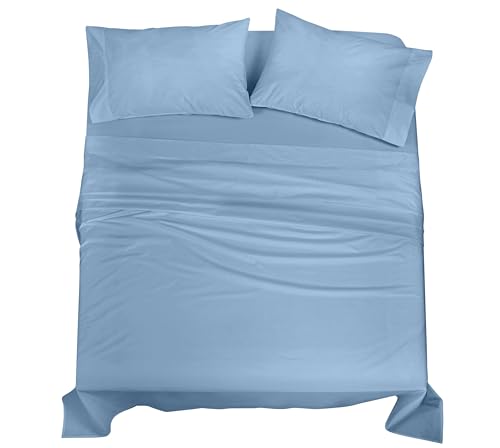 Image of ROYALE LINENS 100% Organic Cotton Full Sheet Set - Percale Weave - 4 Pieces Set - 1 Flat, 1 Deep Pocket Fitted Sheet and 2 Pillowcases - Lake Blue Bed Sheets - Sabanas Full - Crisp Cool (Lake Blue)