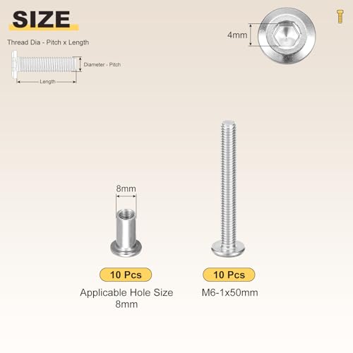 Image of METALLIXITY Crib Screws Replacement Set(M6-1x50mm) 20Pcs, Stainless Steel Connector Bolts M6 Screw Barrel Nuts Binding Screws, for Chair Cabinet Bed, Silver