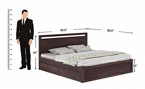 Image of Solid Wood Queen Size Bed for Bedroom | Wooden Furniture Crafted from Premium Sheesham Wood | Elegant Bedroom Double Bed with 4 Drawer Storage | Walnut Finish (80.5X62.5X15 Inches)
