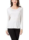 METWAY Women's Mulberry Silk T-Shirt Long Sleeve Pure Silk tee Shirt/Crew Neck Silk Blouse Undershirt Large White