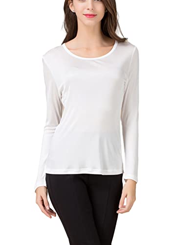 METWAY Womens Mulberry Silk T-Shirt Long Sleeve Pure Silk tee Shirt/Crew Neck Silk Blouse Undershirt Large White